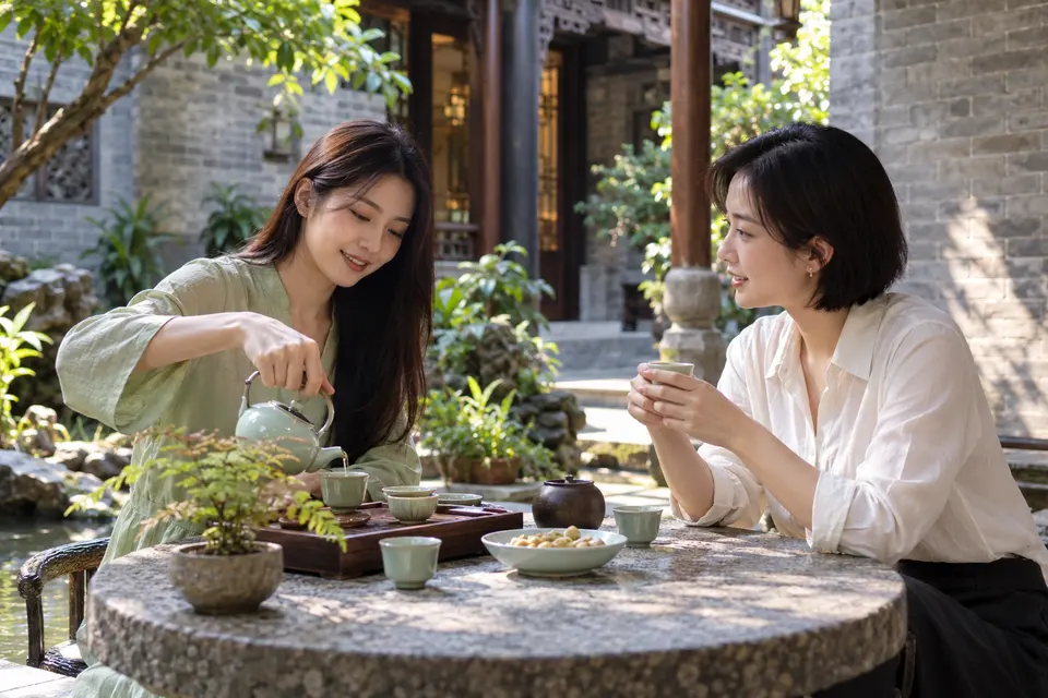 岭南庭院内茶友倒茶交流，青瓷茶具摆在桌上
