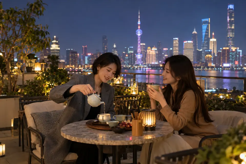 屋顶露台夜茶场景：朋友围坐倒茶交流